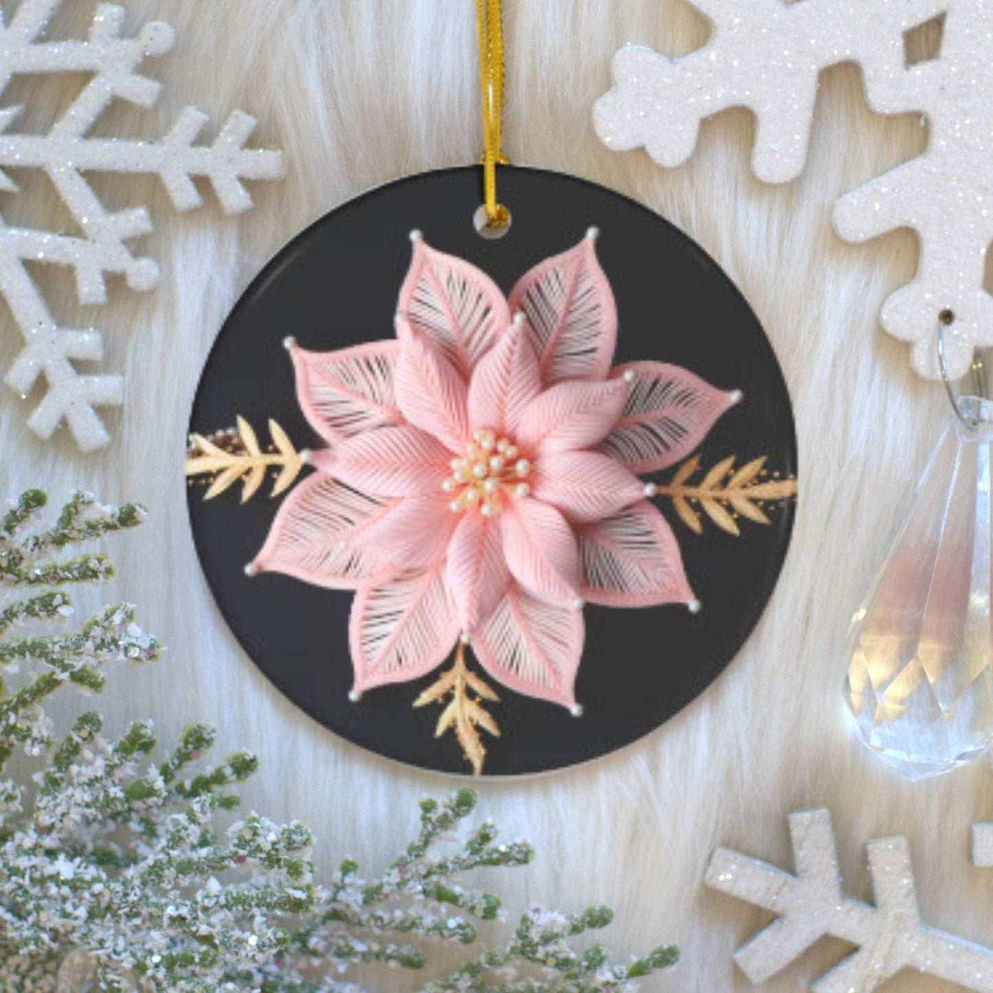 Poinsettia Christmas Ornament – Personalized Pink and Gold Ceramic Decoration