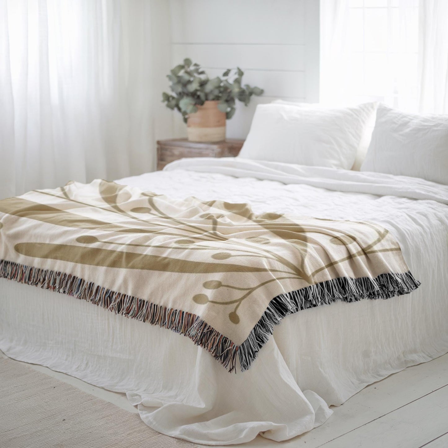 Linden Leaf Woven Blanket - Mid Century Throw With Botanical Pattern & Cozy Cotton