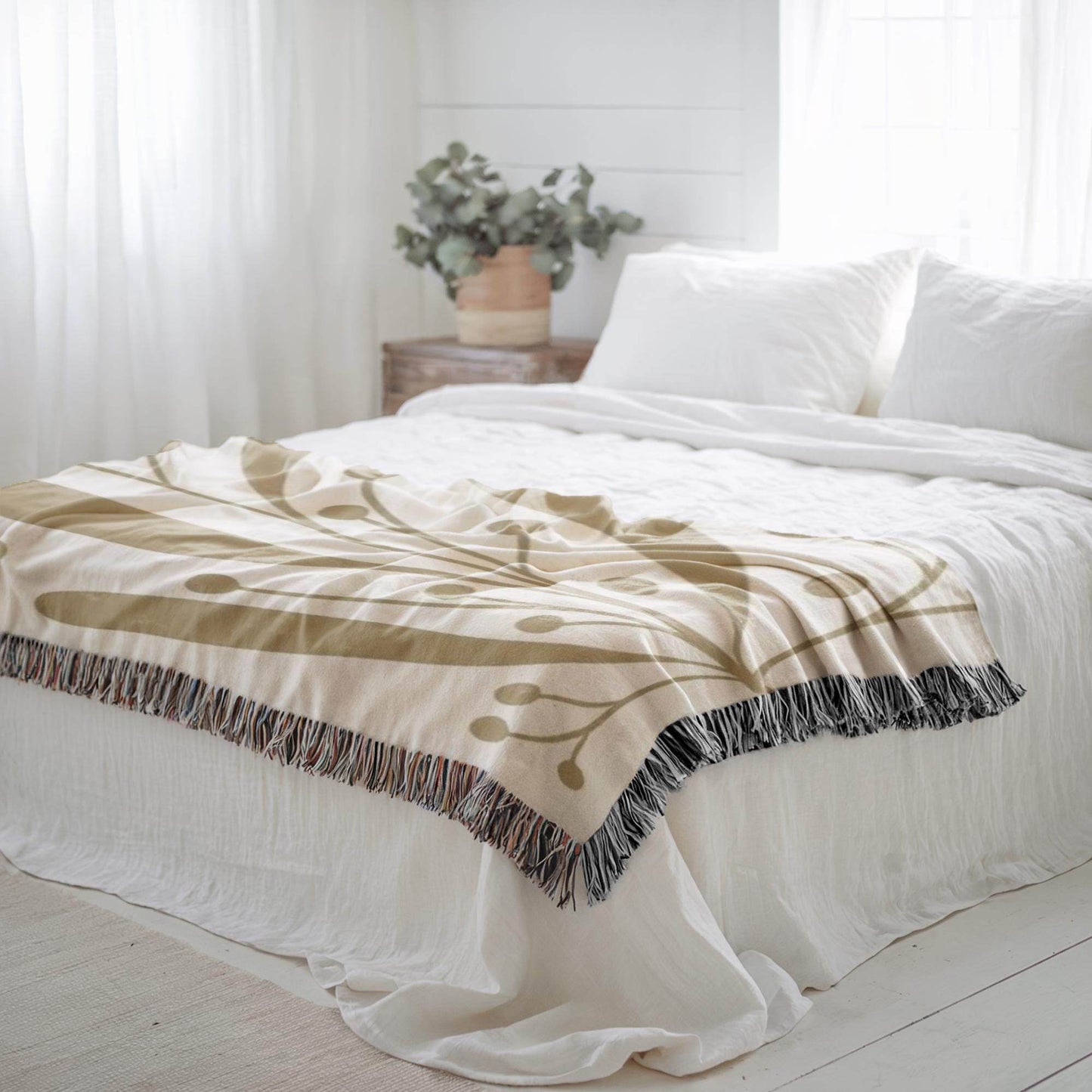 Linden Leaf Woven Blanket - Mid Century Throw With Botanical Pattern & Cozy Cotton - timelessbohochic.com