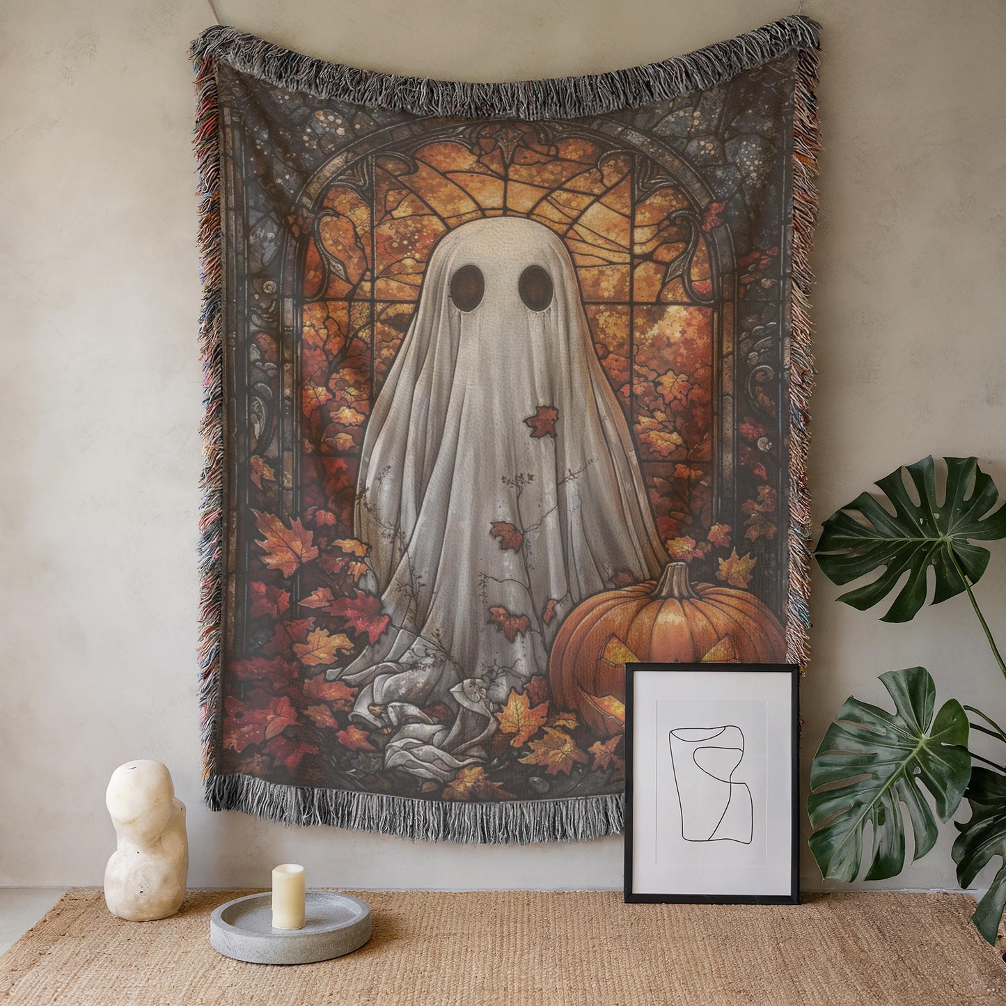 Halloween Ghost Tapestry - Stained Glass Pumpkin Wall Art | Cozy Cotton Throw
