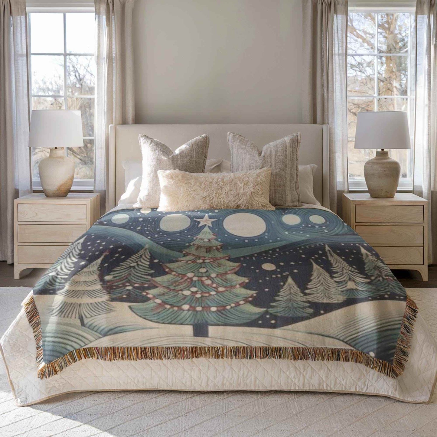 Festive Forest Blanket - Handwoven Cotton Throw With Christmas Tree Design | Cozy Winter Nights - timelessbohochic.com