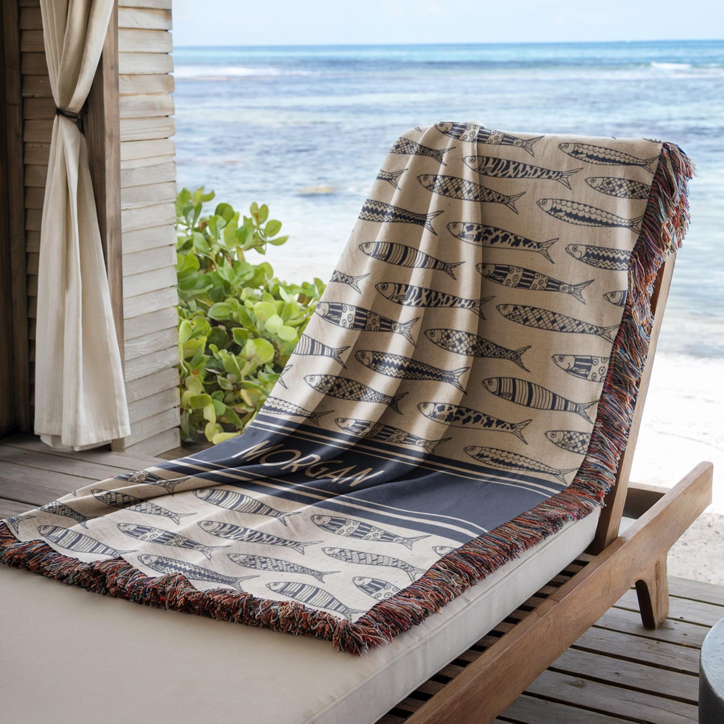 Custom Sardine Blanket | Soft Cotton Woven Throw, Personalized Beach Towel & Coastal Home Decor