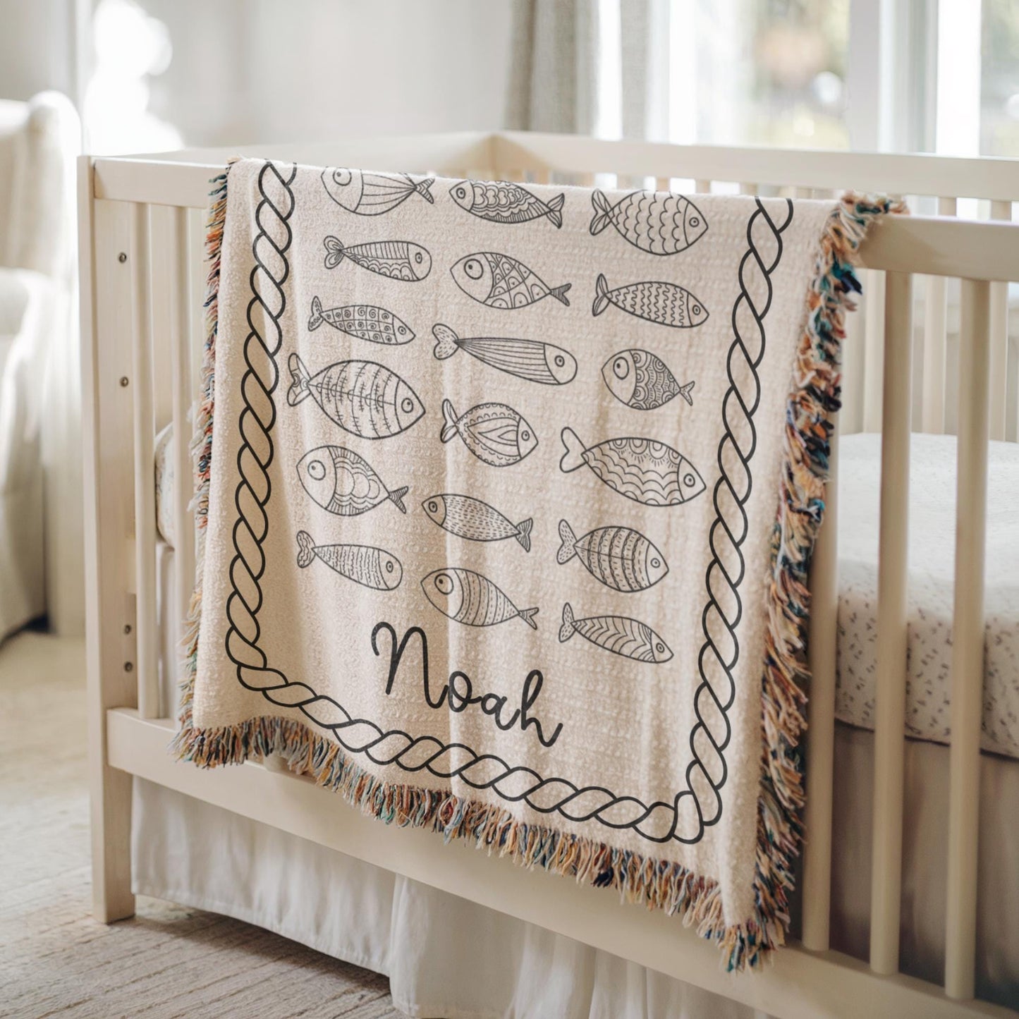Personalized Baby Fish Blanket – Custom Name Cotton Nursery Decor, Ocean Theme