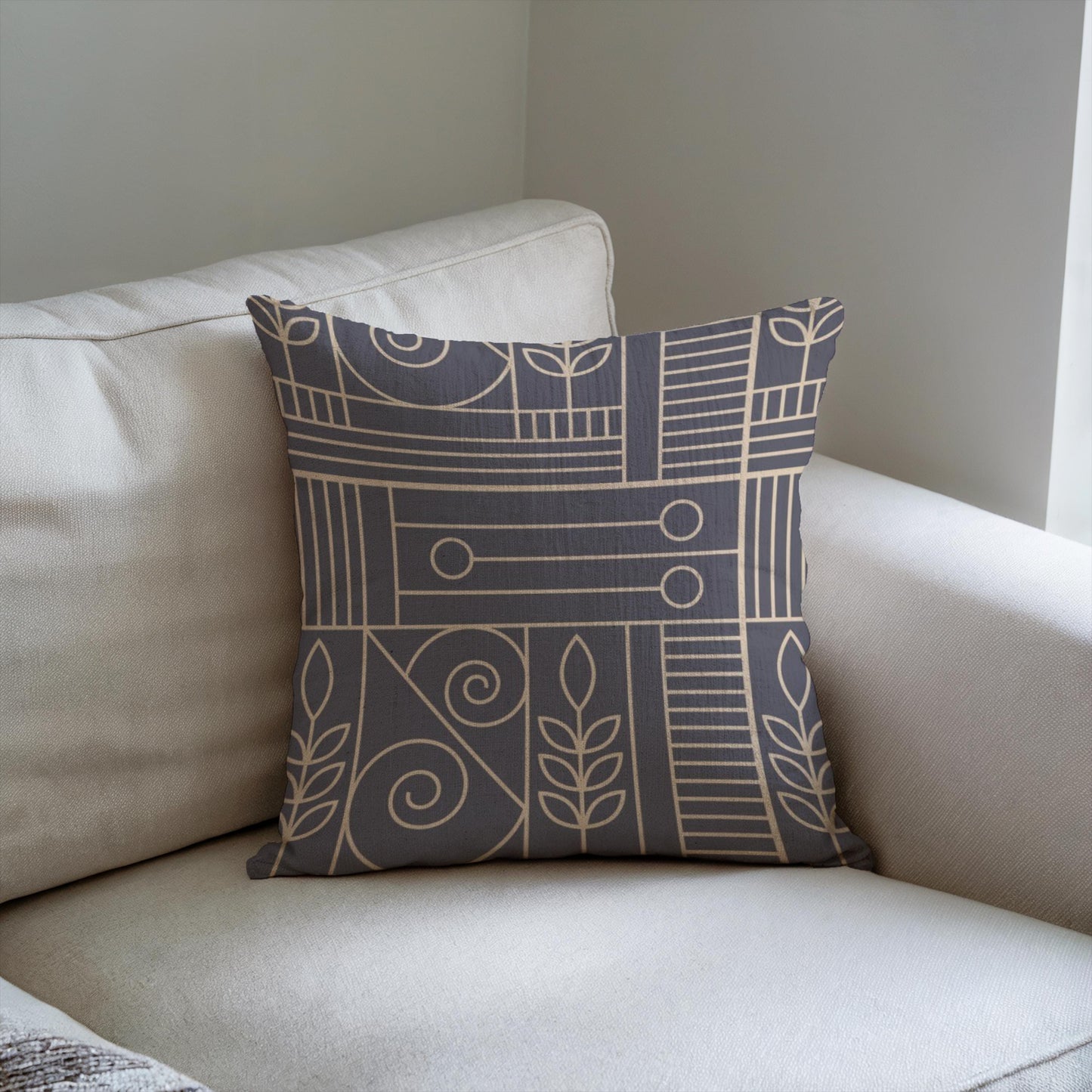 Woven Cushion Cover - Dark Blue Beige Geometric Pillow with Golden Accent