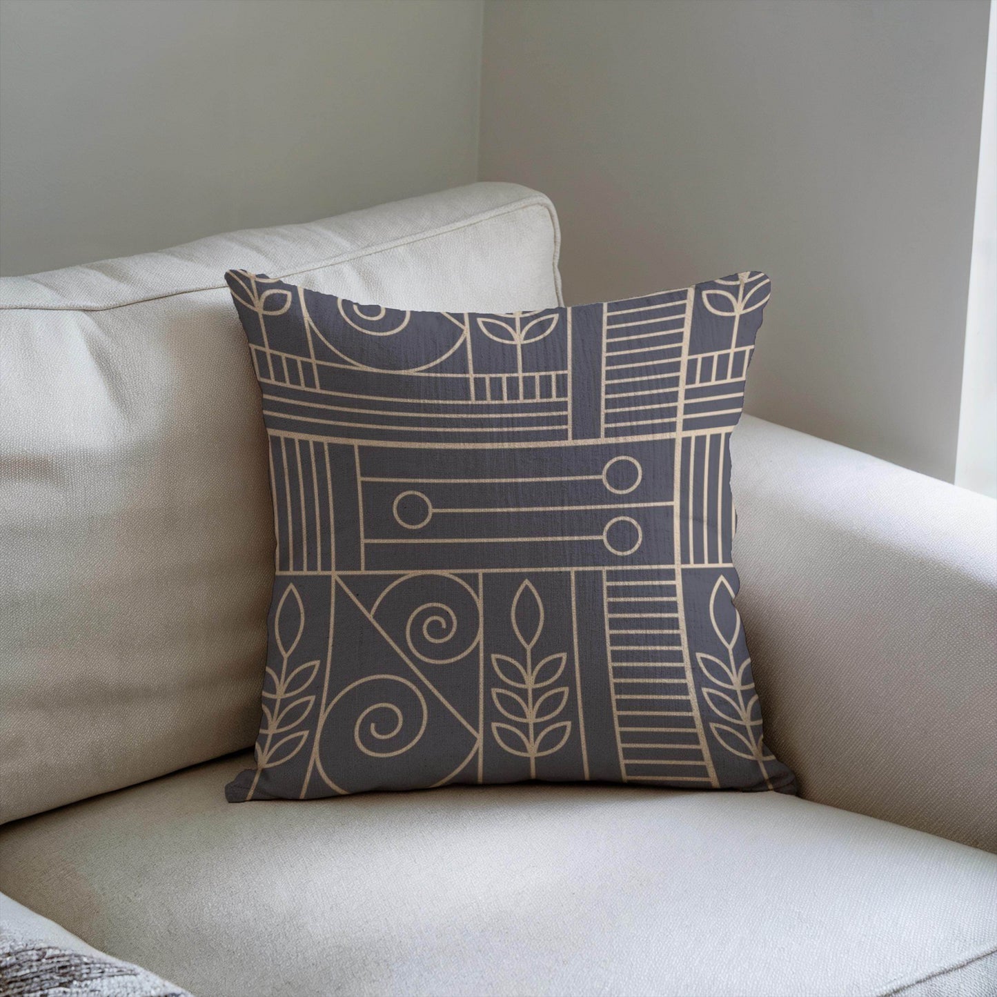 Woven Cushion Cover - Dark Blue Beige Geometric Pillow with Golden Accent - timelessbohochic.com
