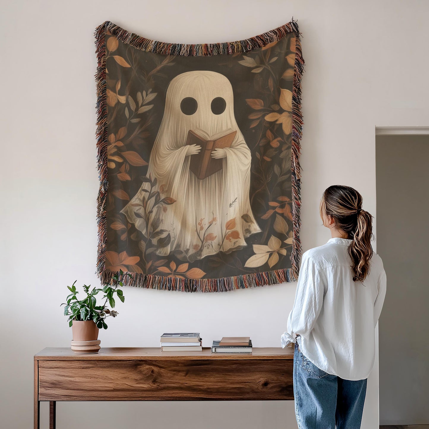 Cute Ghost Tapestry – Cozy Cotton Throw With Reading Ghost Design & Fringed Edge