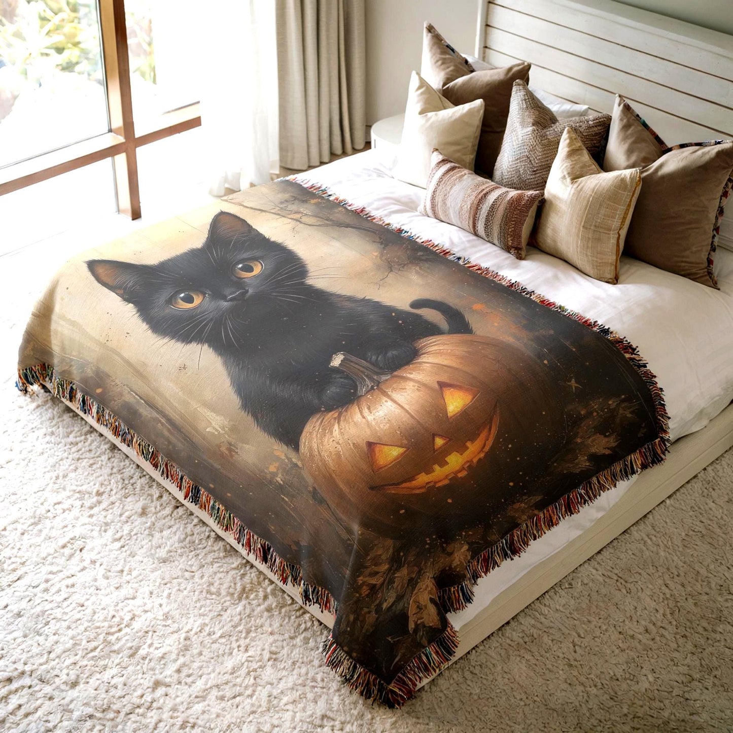 Halloween Cat Blanket – Cozy Woven Throw With Black Cat Pumpkin Design
