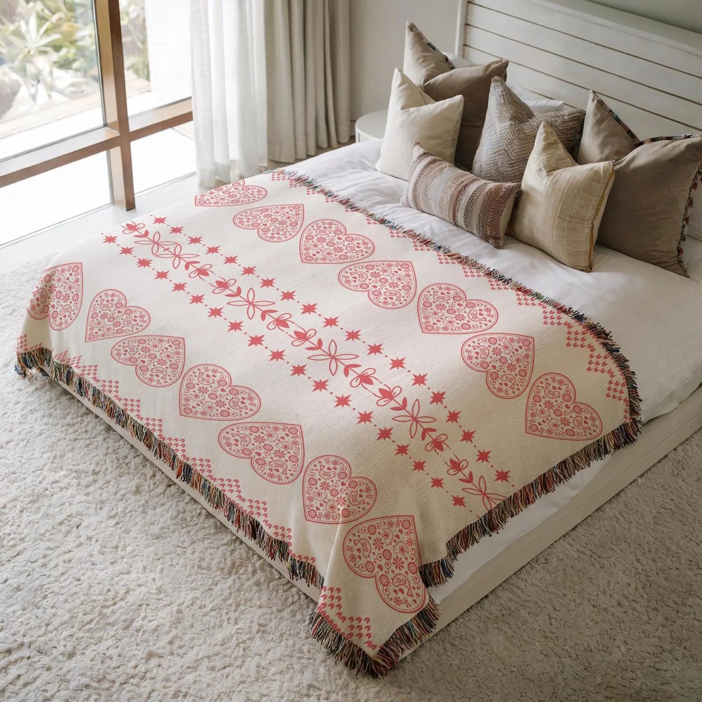 Cotton Woven Blanket – Scandinavian Decor Red Hearts Throw | Cozy Hygge Blanket