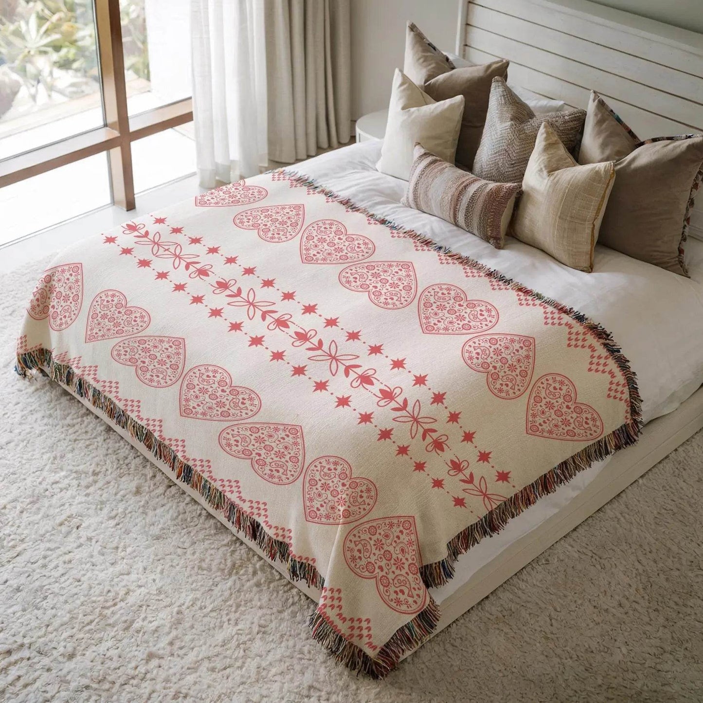 Cotton Woven Blanket – Scandinavian Decor Red Hearts Throw | Cozy Hygge Blanket - timelessbohochic.com