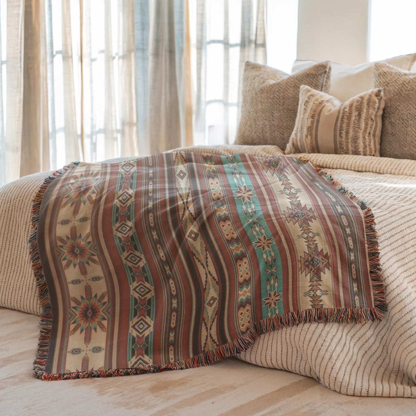 Navajo Pattern Bedding, Southwestern Inspired Bed Cover, Native American Blanket, Ethnic Bed Throw, Tribal Bedroom Decor,