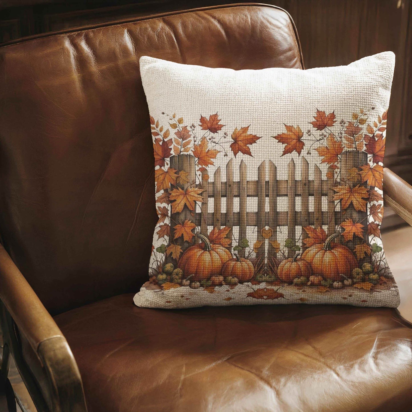 Rustic Autumn Pillow - Woven Cotton Pillow | Pumpkin Leaf Design Cushion - timelessbohochic.com