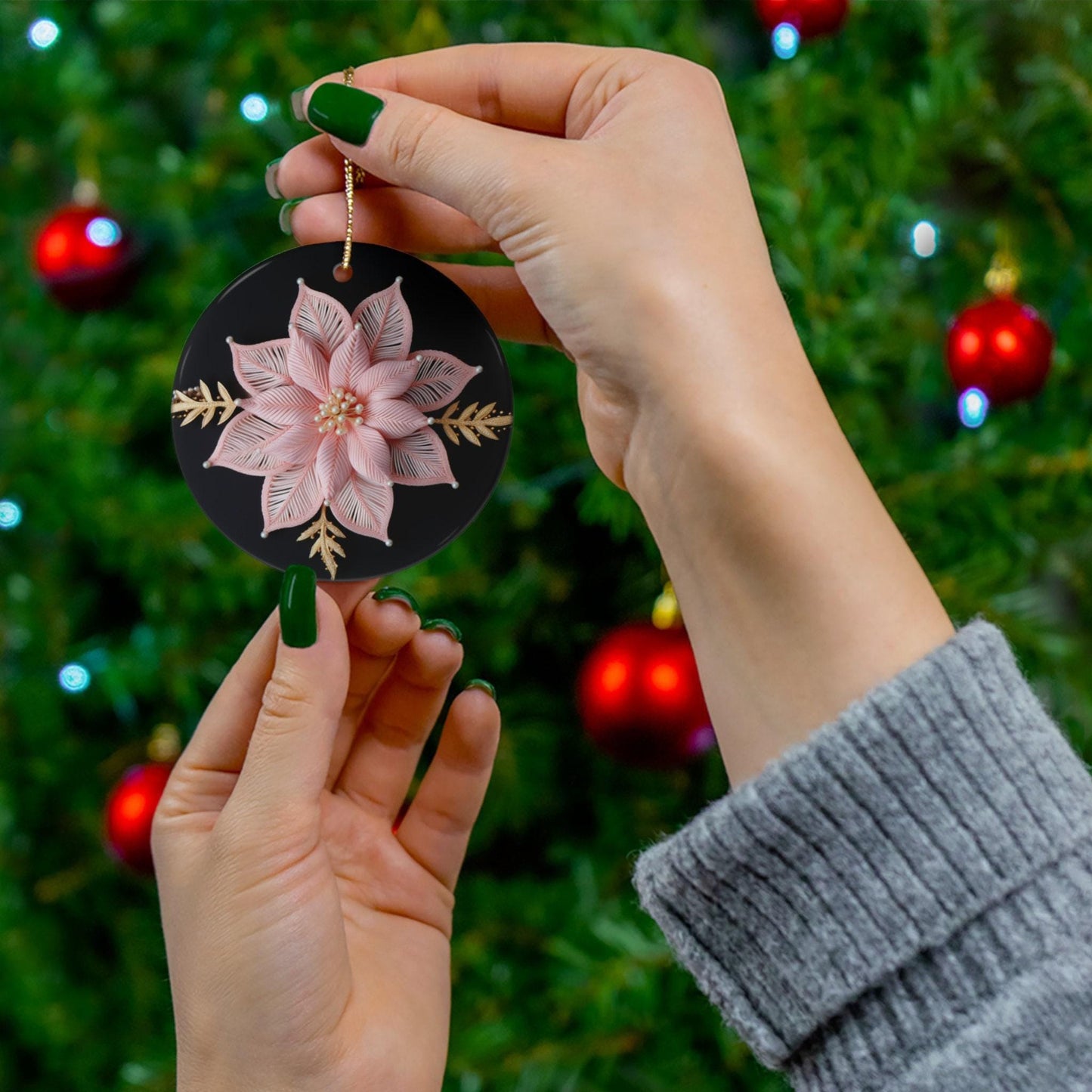 Poinsettia Christmas Ornament – Personalized Pink and Gold Ceramic Decoration