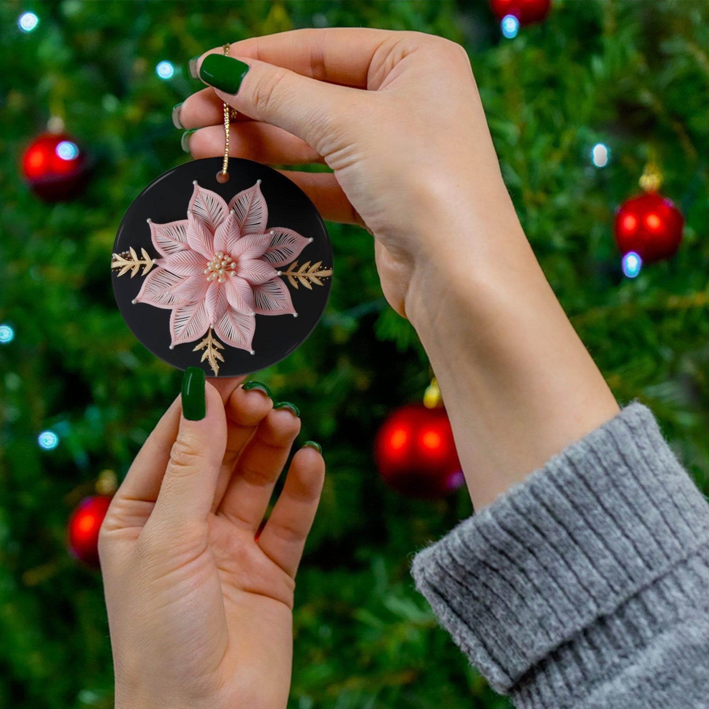 Poinsettia Christmas Ornament – Personalized Pink and Gold Ceramic Decoration - timelessbohochic.com