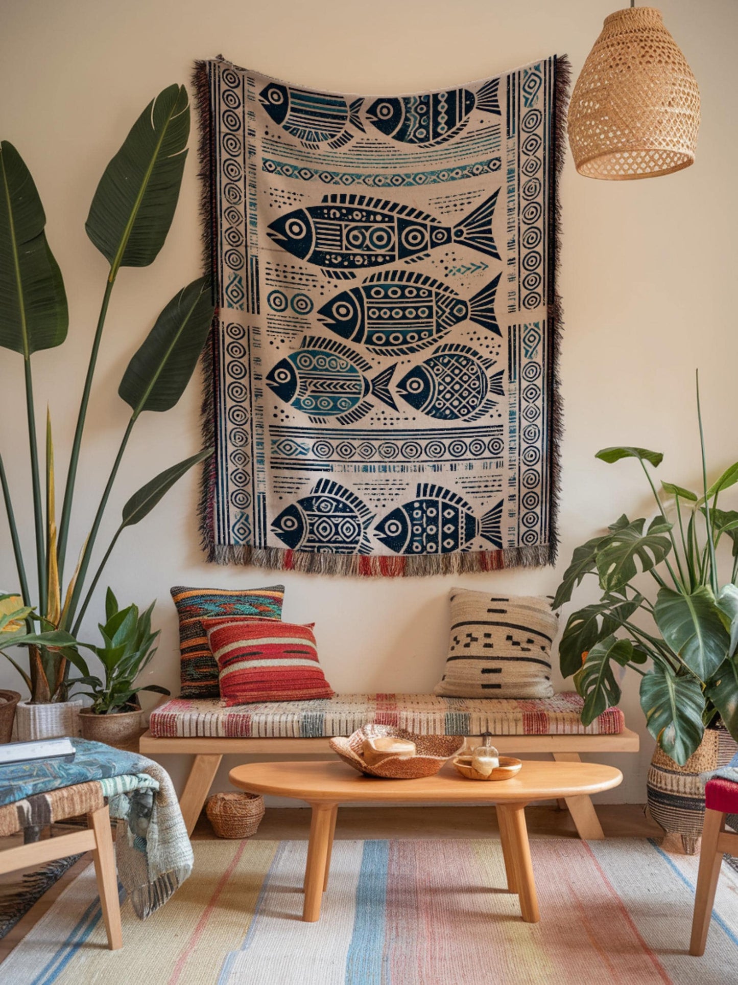 School Of Fish Tapestry – Ethnic Cotton Throw Blanket | Nautical Home Decor