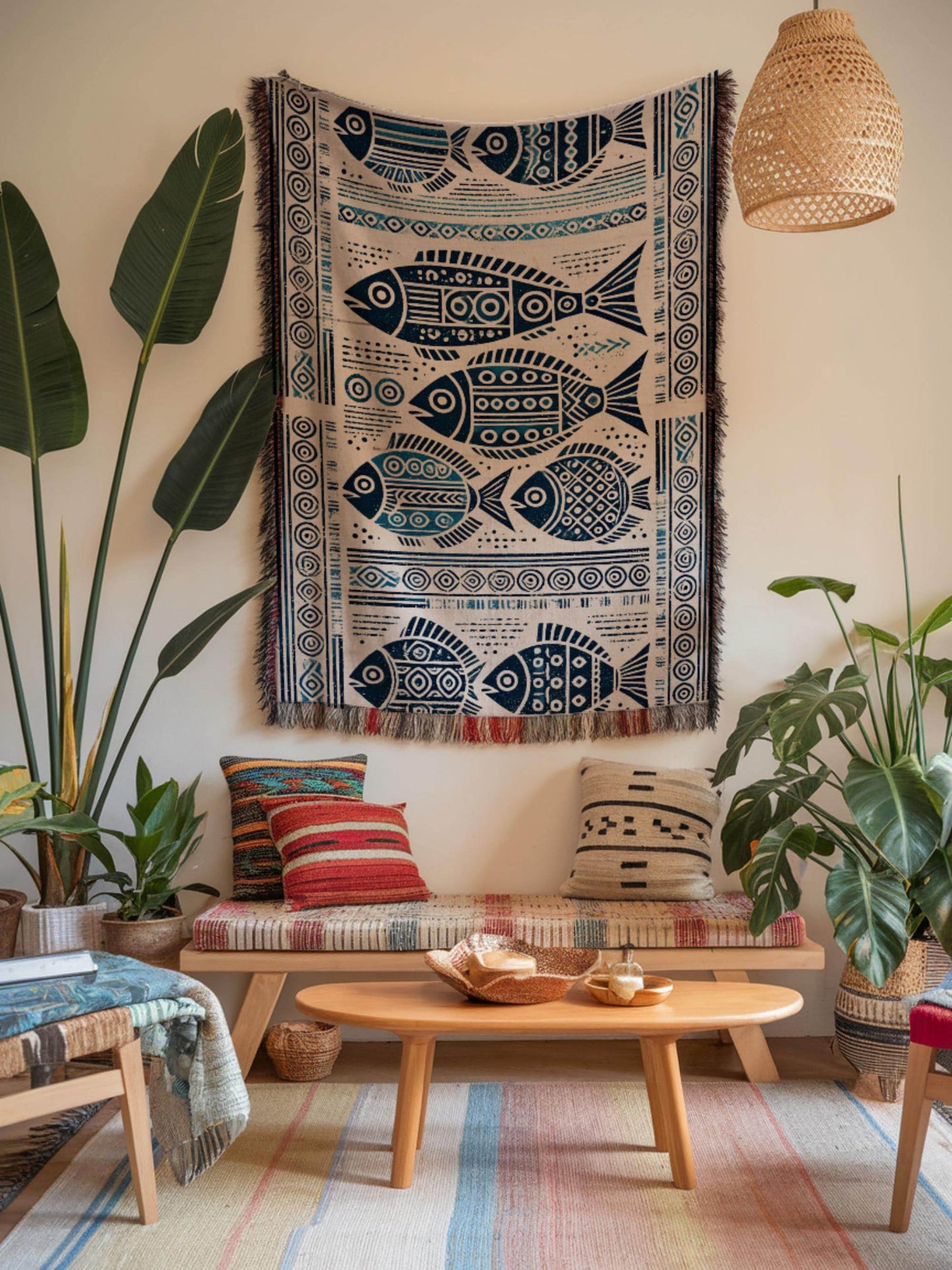 School of Fish Tapestry - Ethnic Cotton Throw Blanket for Nautical Home Decor - timelessbohochic.com