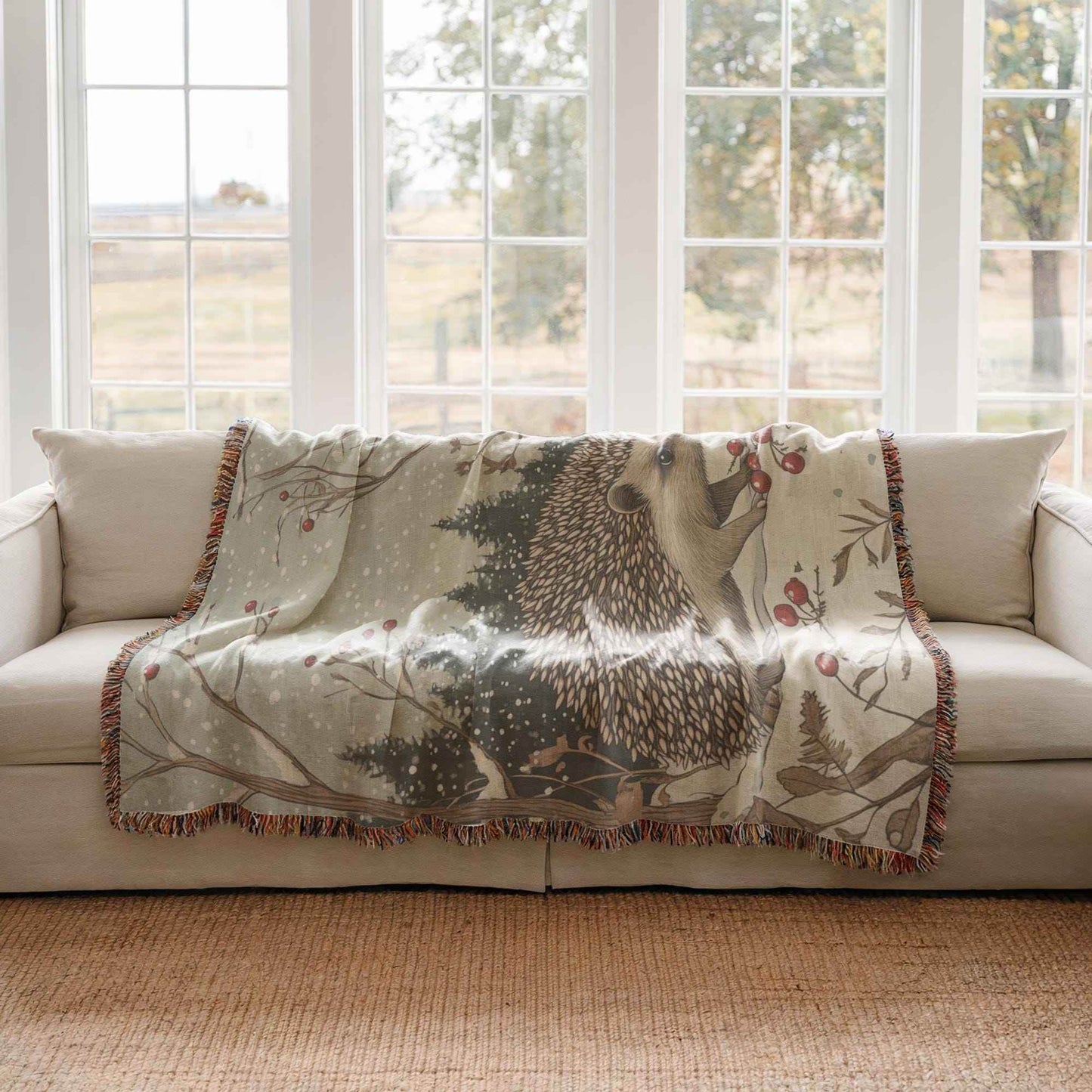 Woodland Creature Blanket - Cozy Cotton Woven Throw With Hedgehog Design - timelessbohochic.com