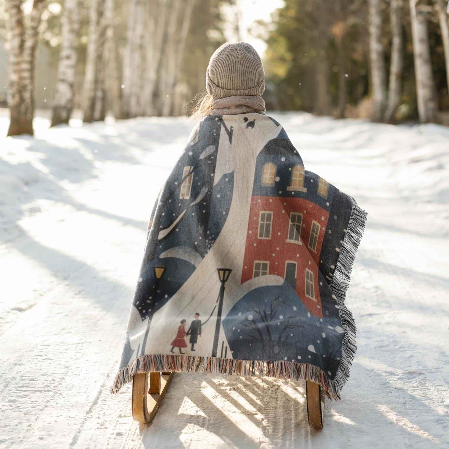 Winter Folk Art Tapestry – Christmas Village Wall Hanging | Cotton Holiday Decor - timelessbohochic.com