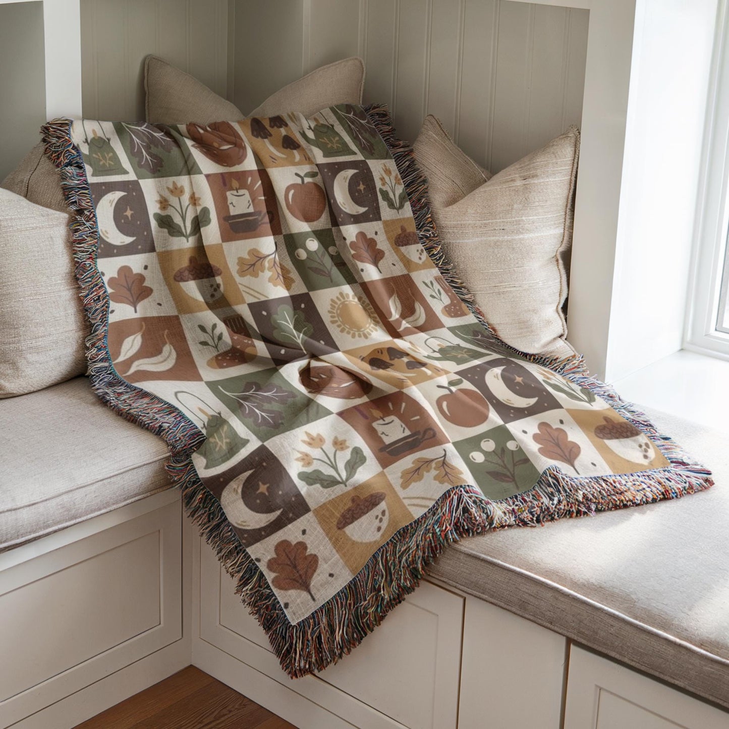 Fall Woven Blanket - Cozy Patchwork Throw with Colorful Fringed Edges, Autumn Bedding Quilt