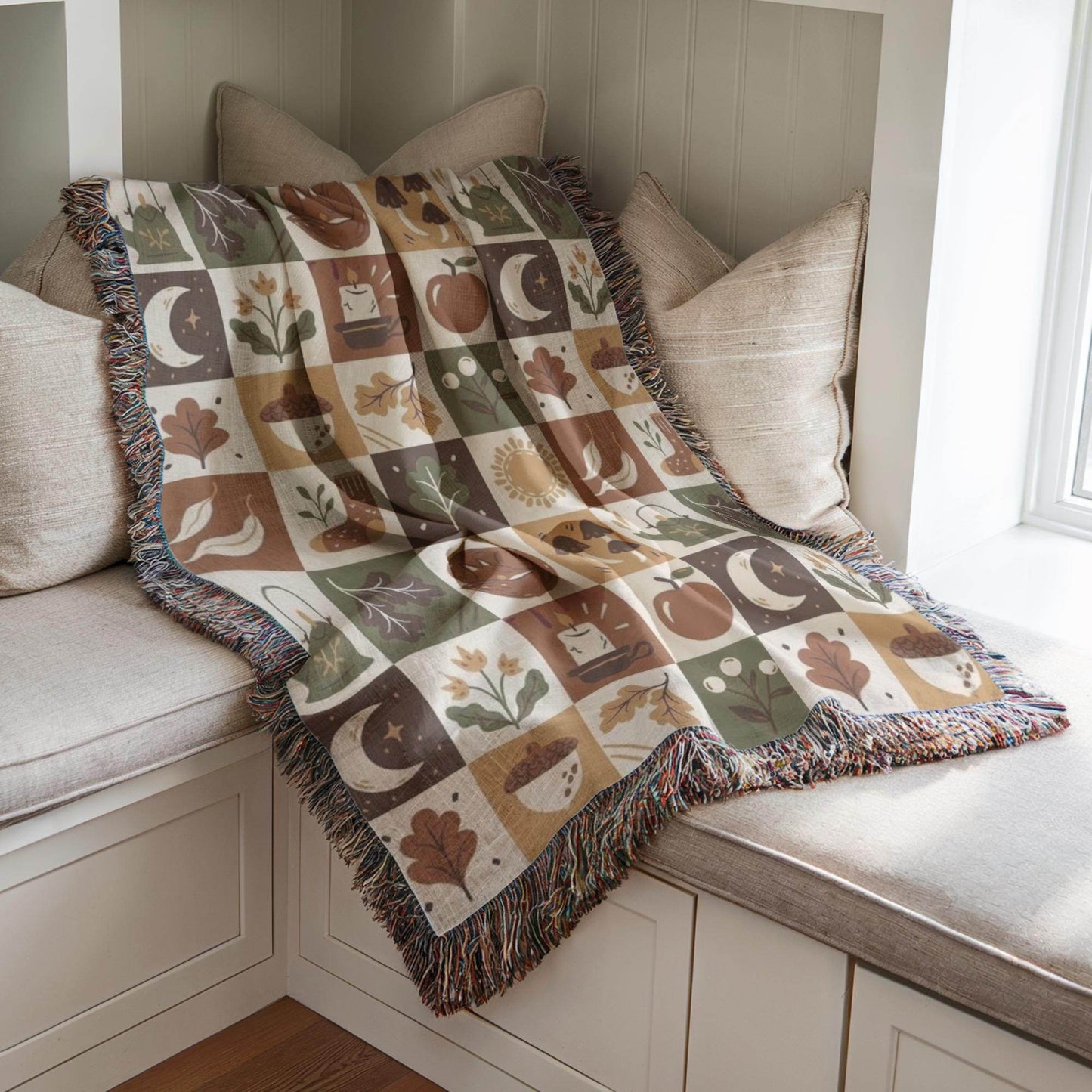 Fall Woven Blanket - Cozy Patchwork Throw with Colorful Fringed Edges, Autumn Bedding Quilt - timelessbohochic.com