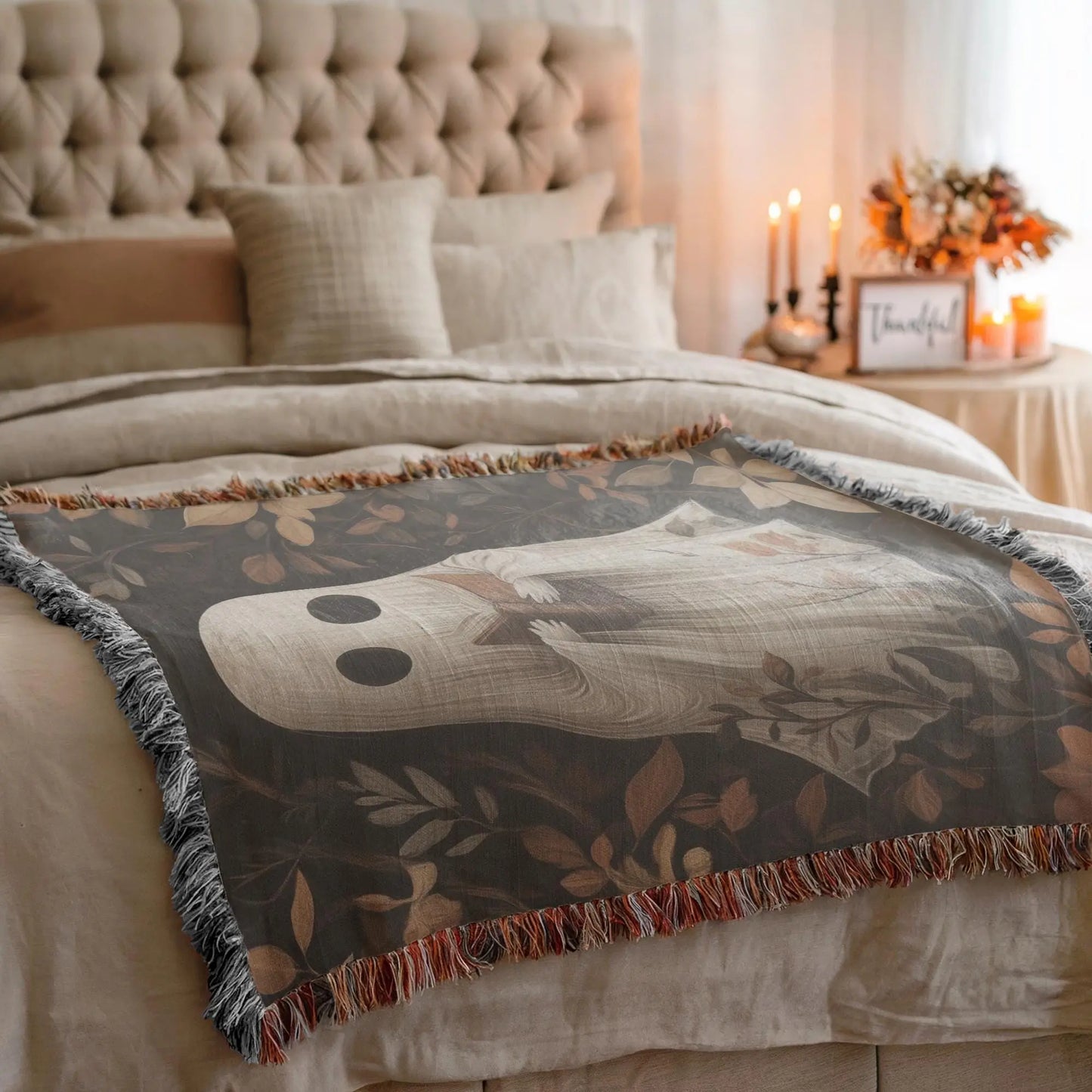 Cute Ghost Blanket – Cozy Fall Throw With Soft Cotton Woven Fabric & Colorful Fringed Edges