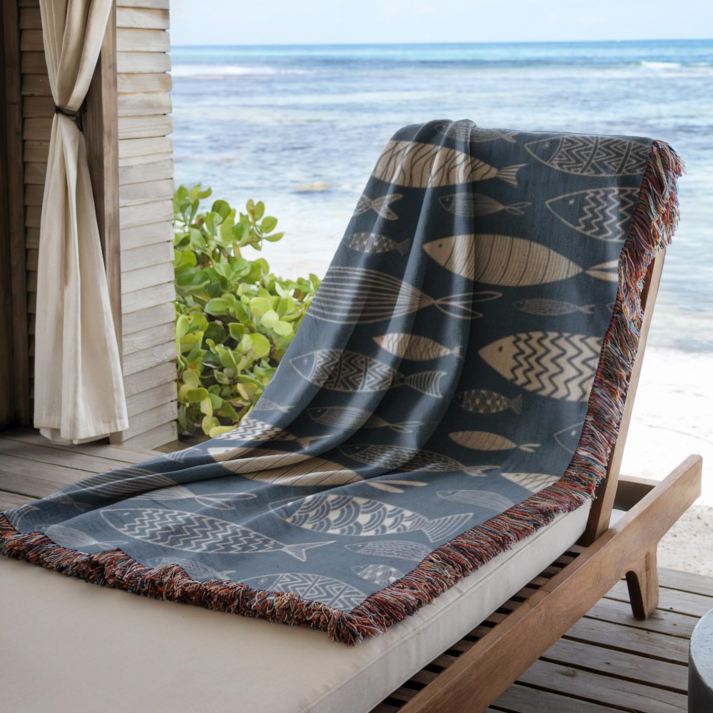 Nautical Blanket – Marine Woven Throw With Striped Fish Design | Coastal Beach Decor