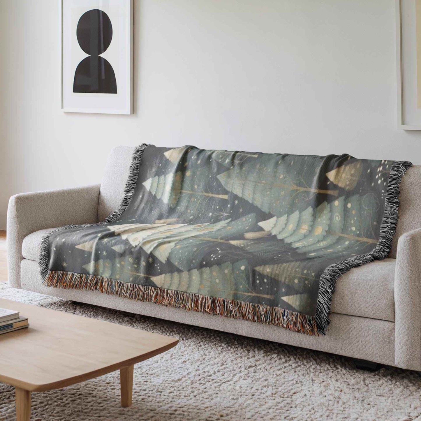 Woven Christmas Blanket - Cotton Holiday Throw With Festive Forest Design & Fringed Edges - timelessbohochic.com