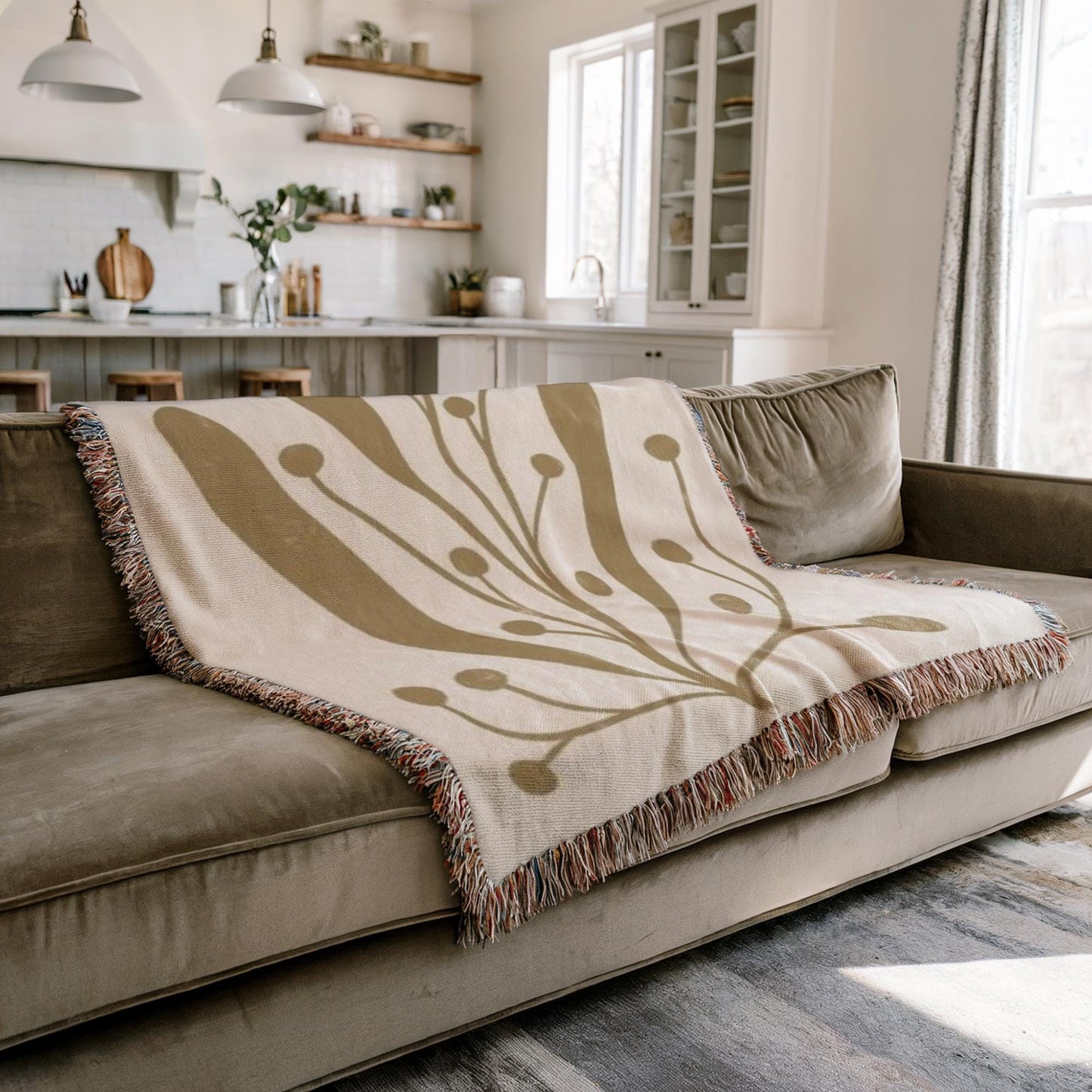 Mid Century Modern Blanket - Woven Cotton Throw With Botanical Pattern & Colorful Fringed Edges