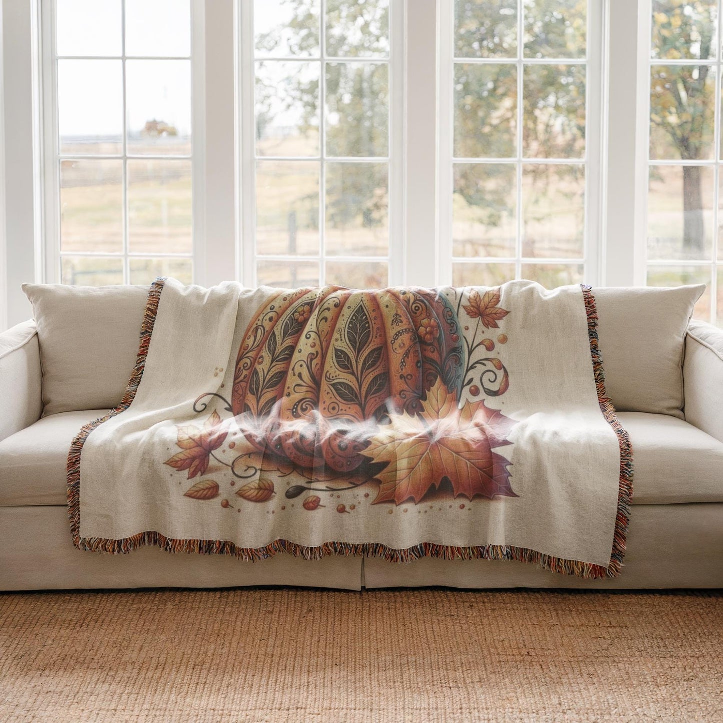 Thanksgiving Woven Blanket – Cozy Throw Blanket with Tattooed Pumpkin Design, Fringed Edge