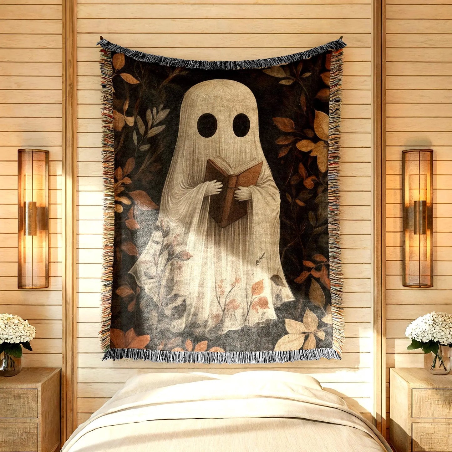 Cute Ghost Blanket – Cozy Fall Throw with Reading Ghost Decor | Cotton Fabric, Fringed Edge