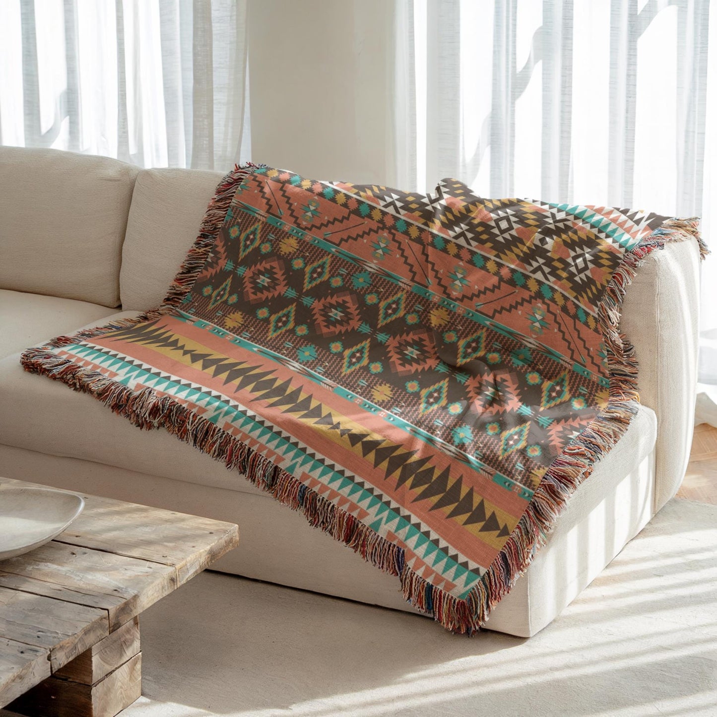 a cozy living room with a white couch and a wooden coffee table. A colorful, patterned throw blanket is draped over the back of the couch, adding a vibrant touch to the room.