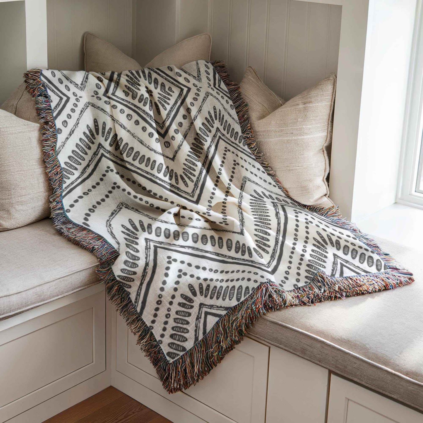 Black White Woven Cotton Blanket - Geometric Ikat Pattern Throw Blanket - timelessbohochic.com