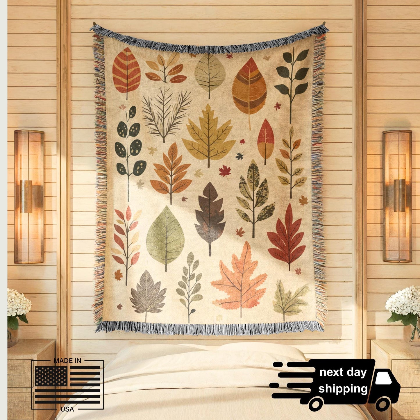 Fall Cotton Blanket – Autumn Leaves Throw With Colorful Fringed Edges, Cozy Fall Blanket