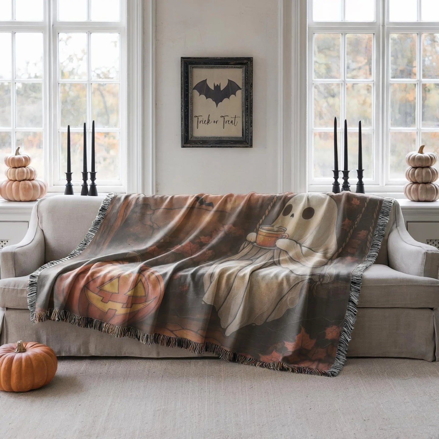 Halloween Throw Blanket - Cozy Woven Cotton Fabric Lap Blanket With Pumpkin Moon Design
