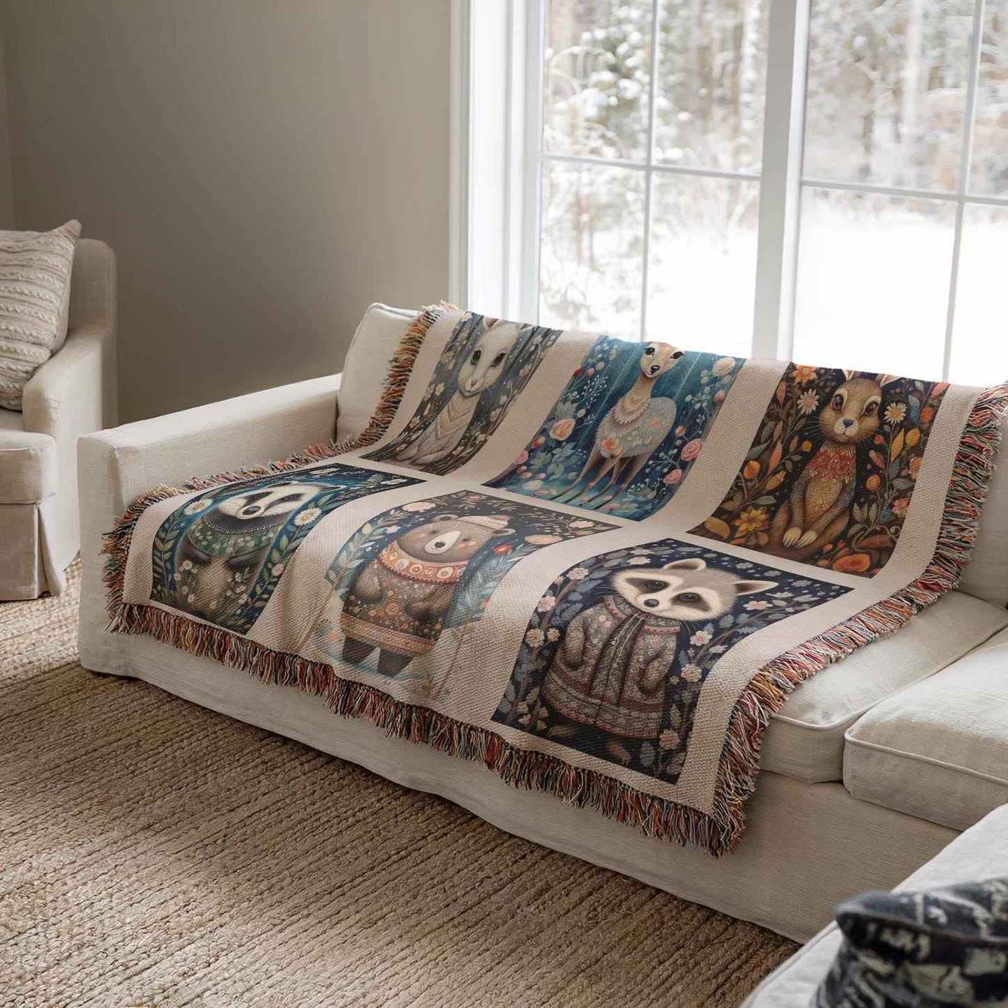 Cotton Woven Blanket – Woodland Animal Throw | Soft Scandi Forest Quilt - timelessbohochic.com