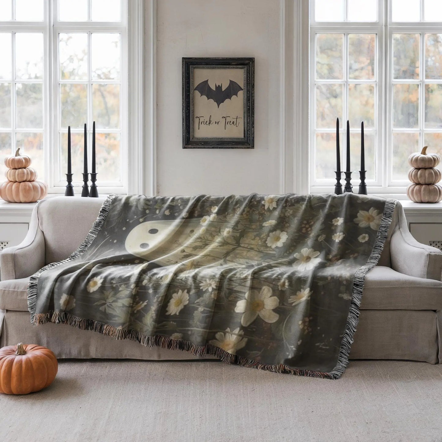 Halloween Woven Blanket - Cozy Throw With Cute Ghost Design & Floral Wildflowers