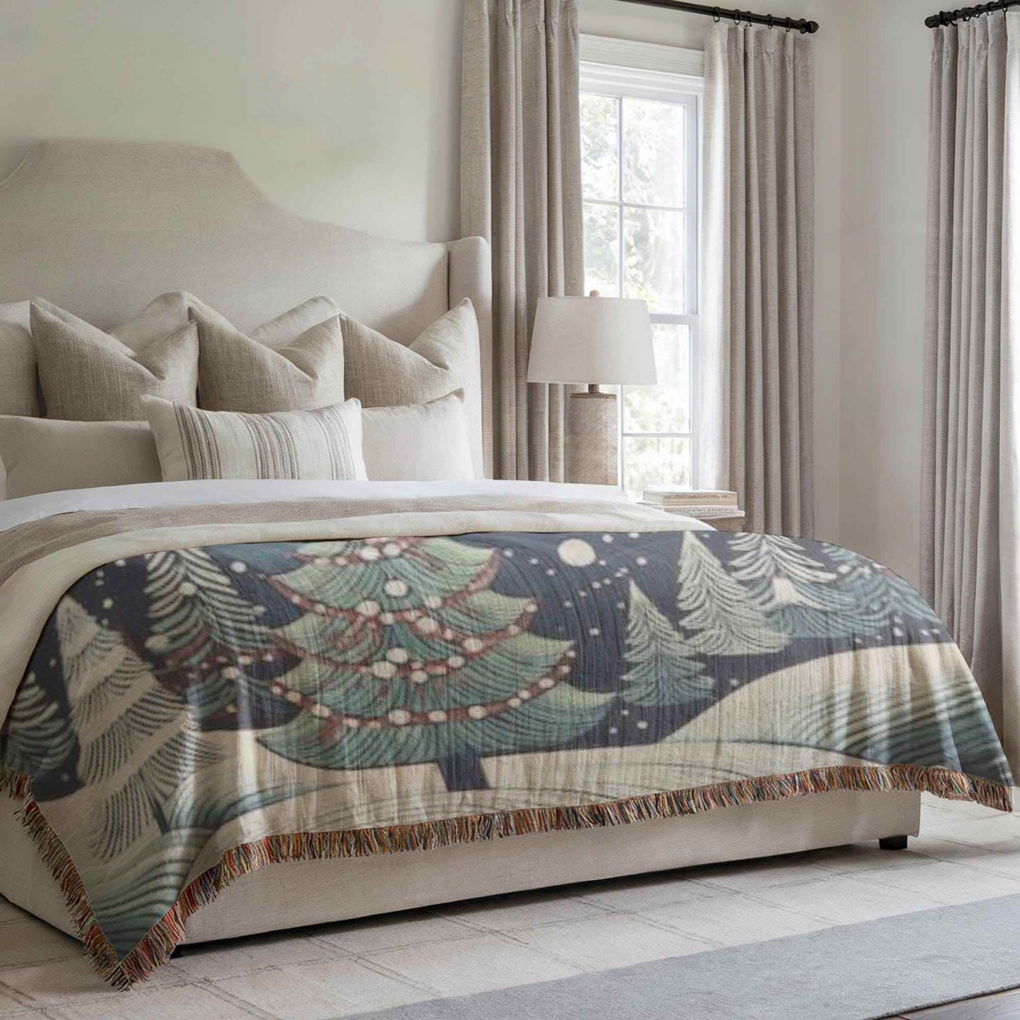 Festive Forest Blanket - Handwoven Cotton Throw With Christmas Tree Design | Cozy Winter Nights - timelessbohochic.com