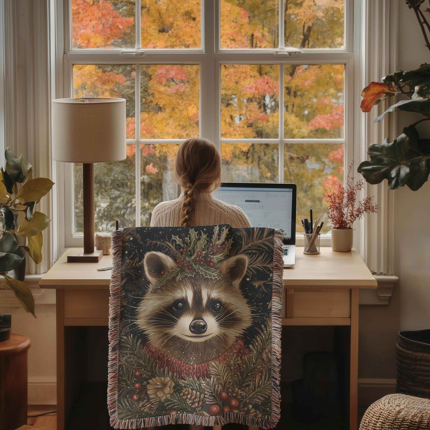 Xmas Racoon Tapestry - Cozy Woven Blanket | Woodland Animal Decor | Christmas Home Accent - timelessbohochic.com