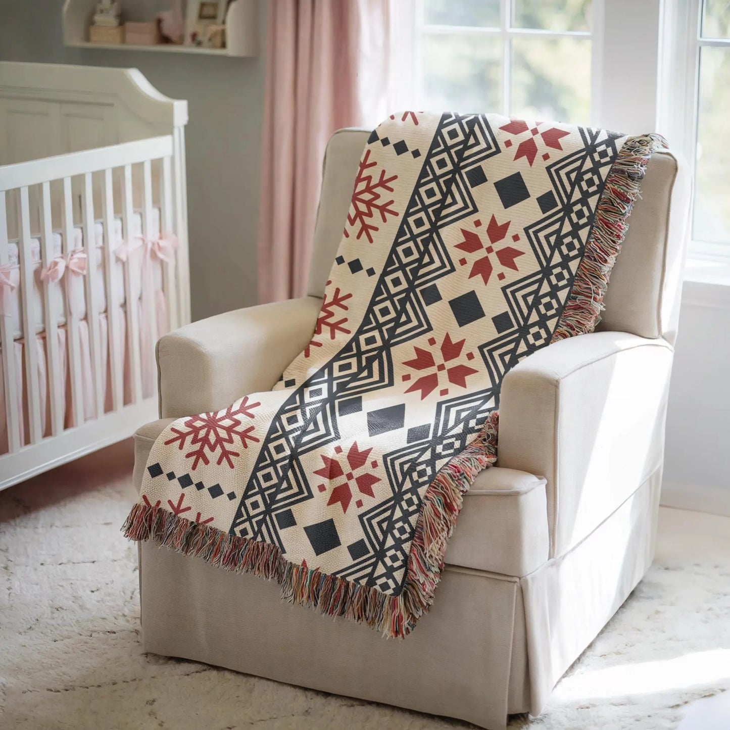Nordic Snowflake Blanket - Cotton Woven Throw With Red Black Pattern | Cozy Winter Decor