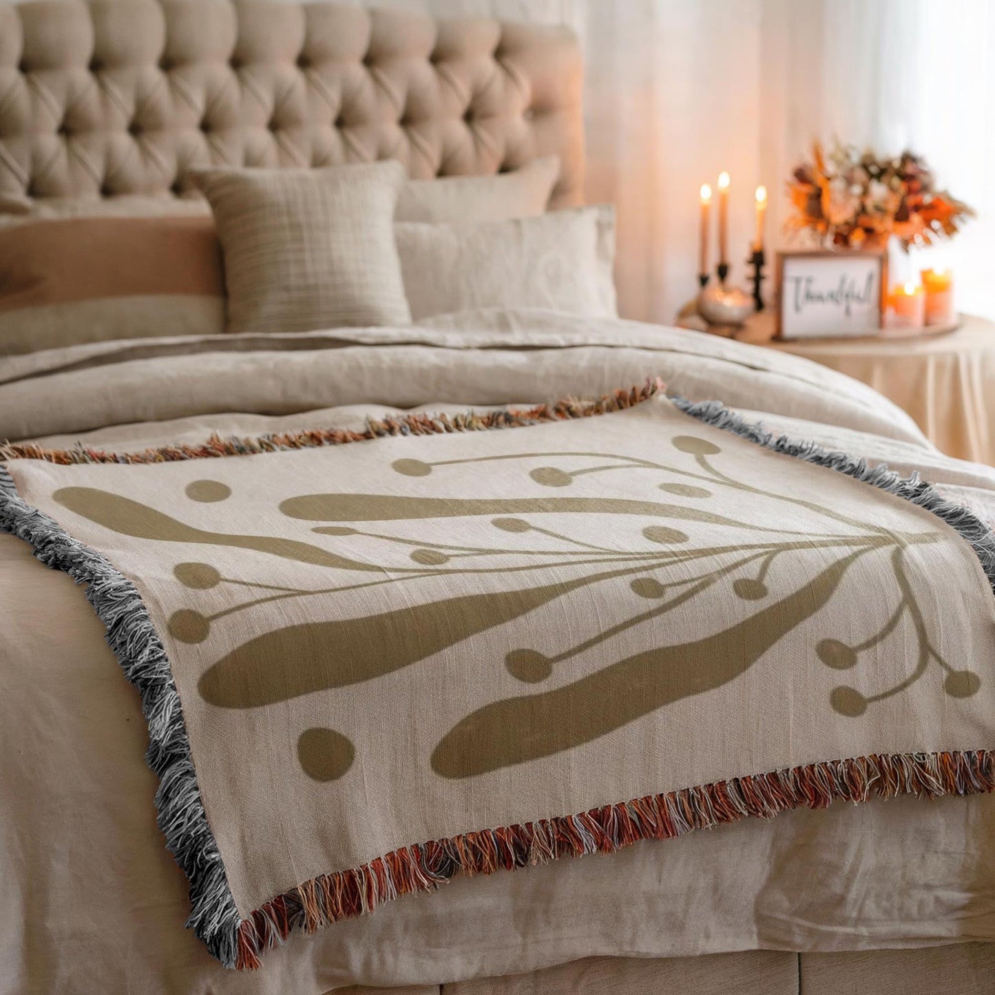 Linden Leaf Woven Blanket - Mid Century Throw With Botanical Pattern & Cozy Cotton