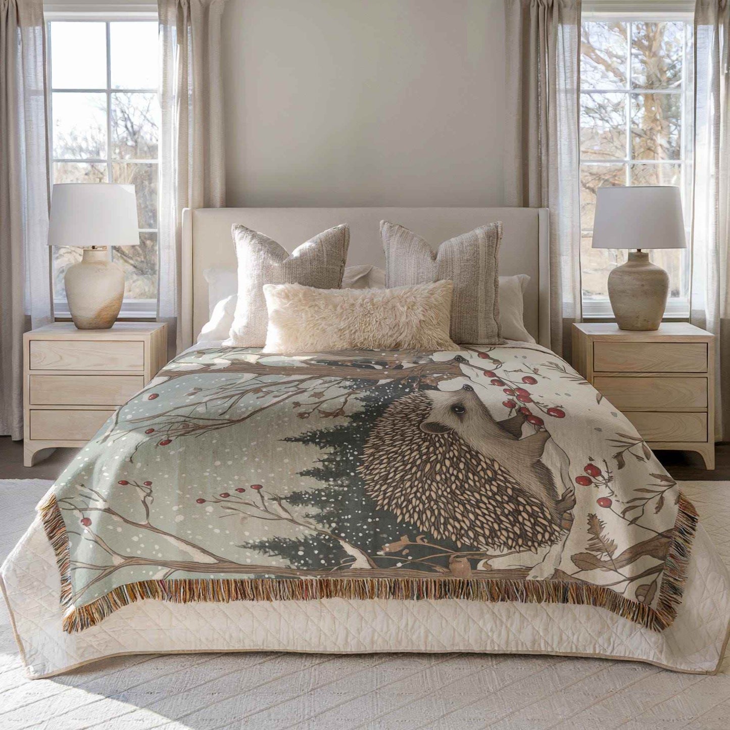 Hedgehog Bed Blanket – Cozy Cotton Throw with Festive Woodland Animal Design - timelessbohochic.com