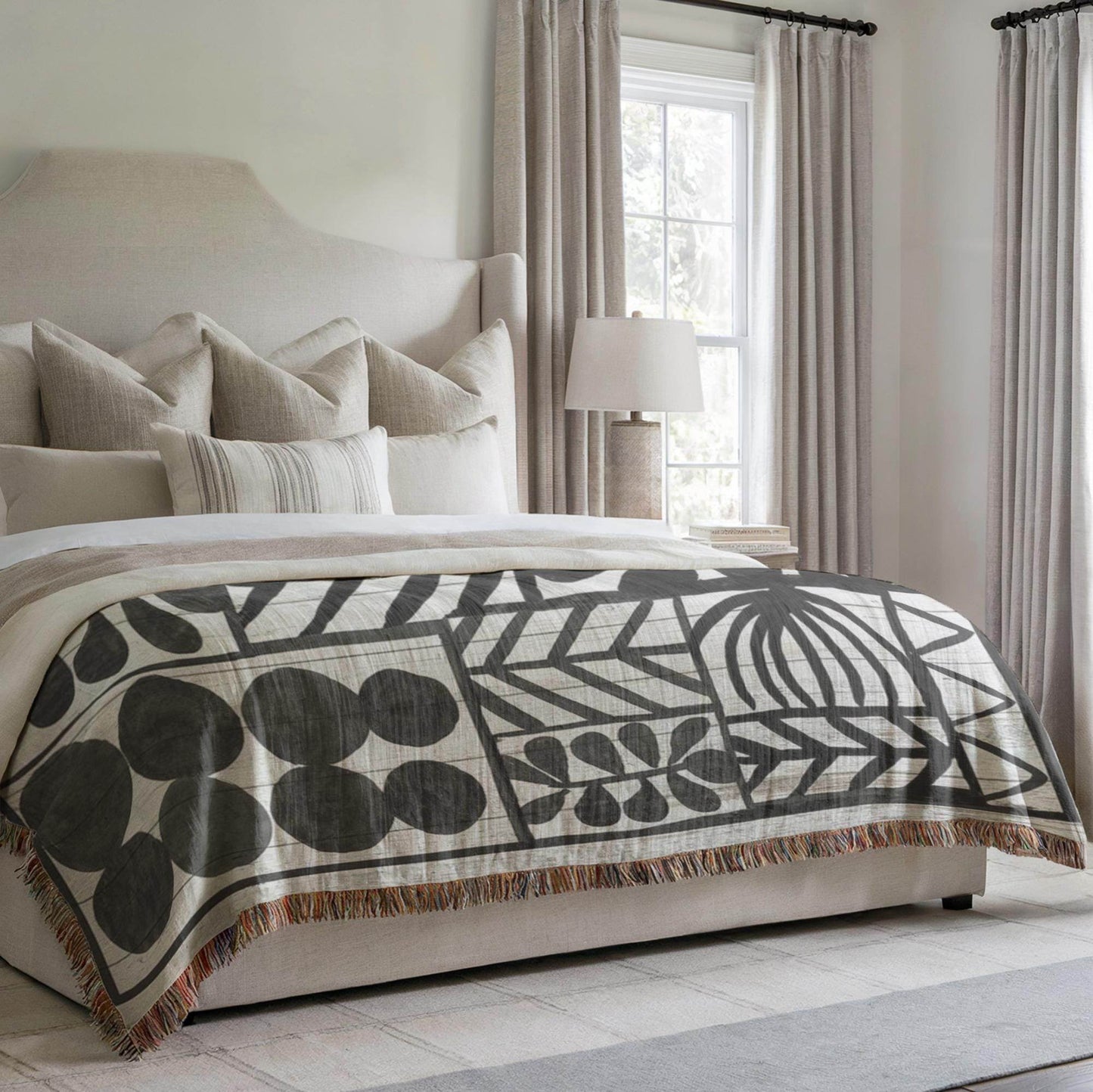 Black White Woven Blanket - Lightweight Cozy Cotton Woven Blanket with Geometric Design - timelessbohochic.com