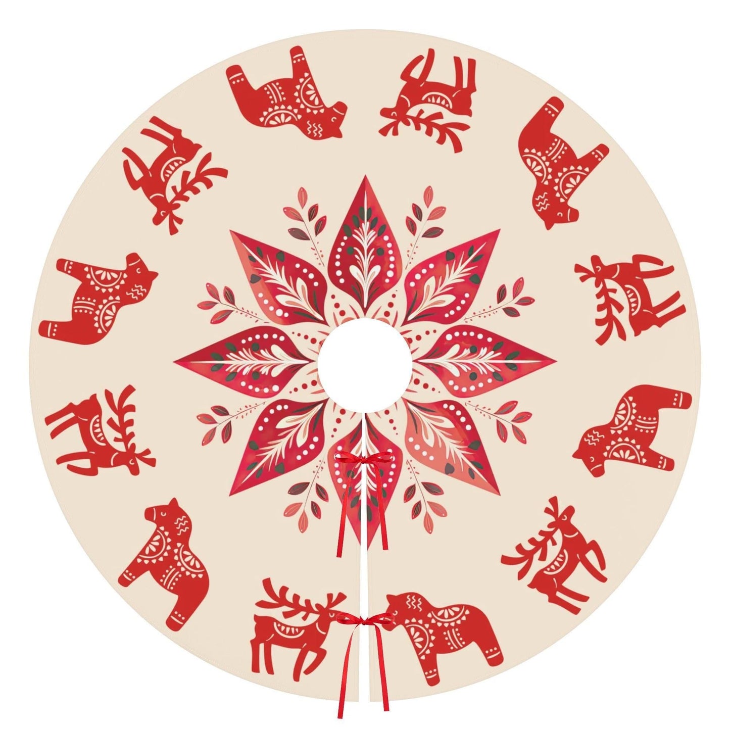 Nordic Christmas Tree Skirt - Scandinavian Holiday Decor With Dala Horse & Reindeer