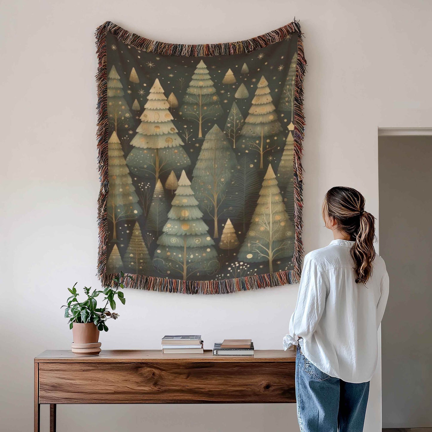 Festive Forest Wall Tapestry – Woven Cotton Blanket with Christmas Trees & Fringed Edges - timelessbohochic.com
