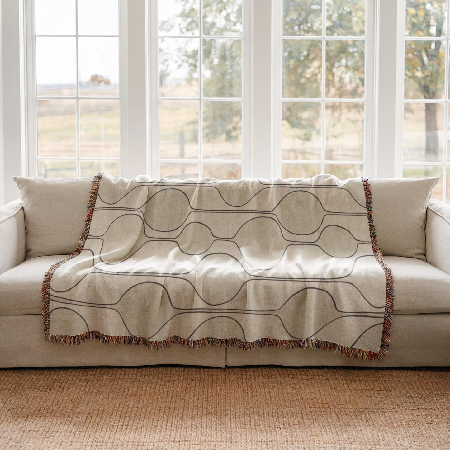 Mid Century Modern Throw - Woven Cotton Blanket With Geometric Pattern & Colorful Fringed Edges