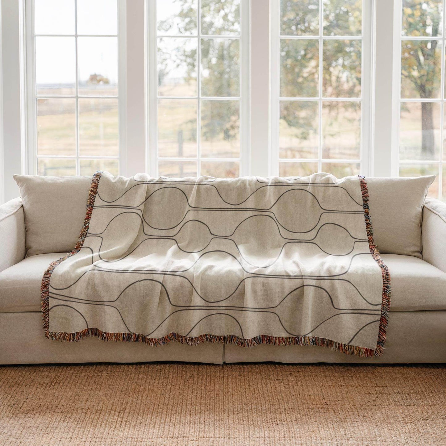 Mid Century Modern Throw Blanket - Woven Cotton with Geometric Pattern & Colorful Fringed Edges - timelessbohochic.com