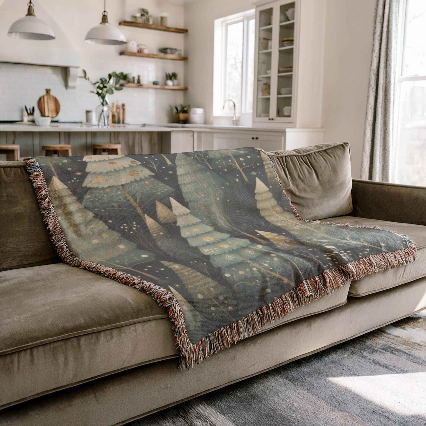 Woven Christmas Blanket - Cotton Holiday Throw With Festive Forest Design & Fringed Edges - timelessbohochic.com
