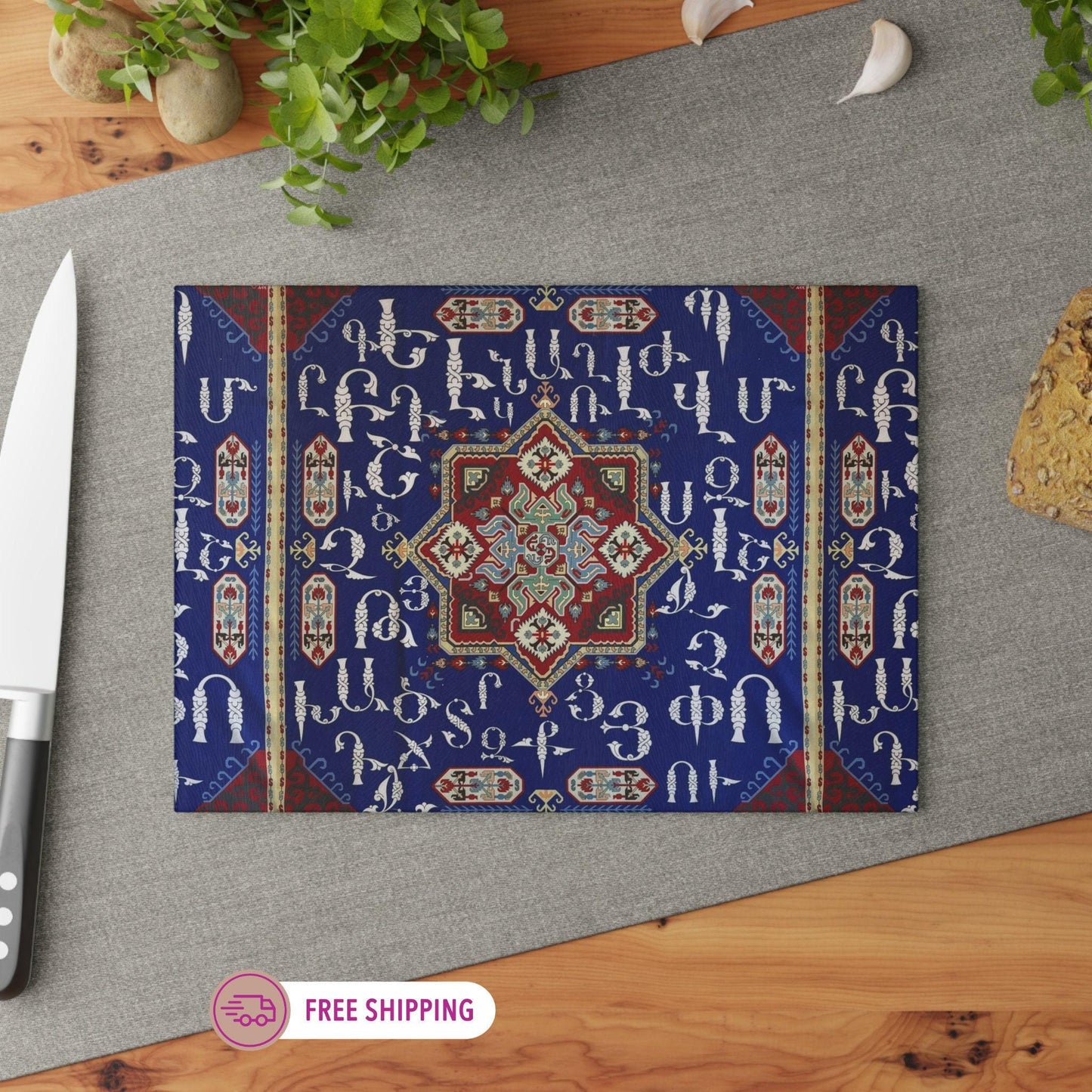 Armenian Glass Cutting Board – Blue White Alphabet Kitchen Decor | Tempered Glass, Non Slip