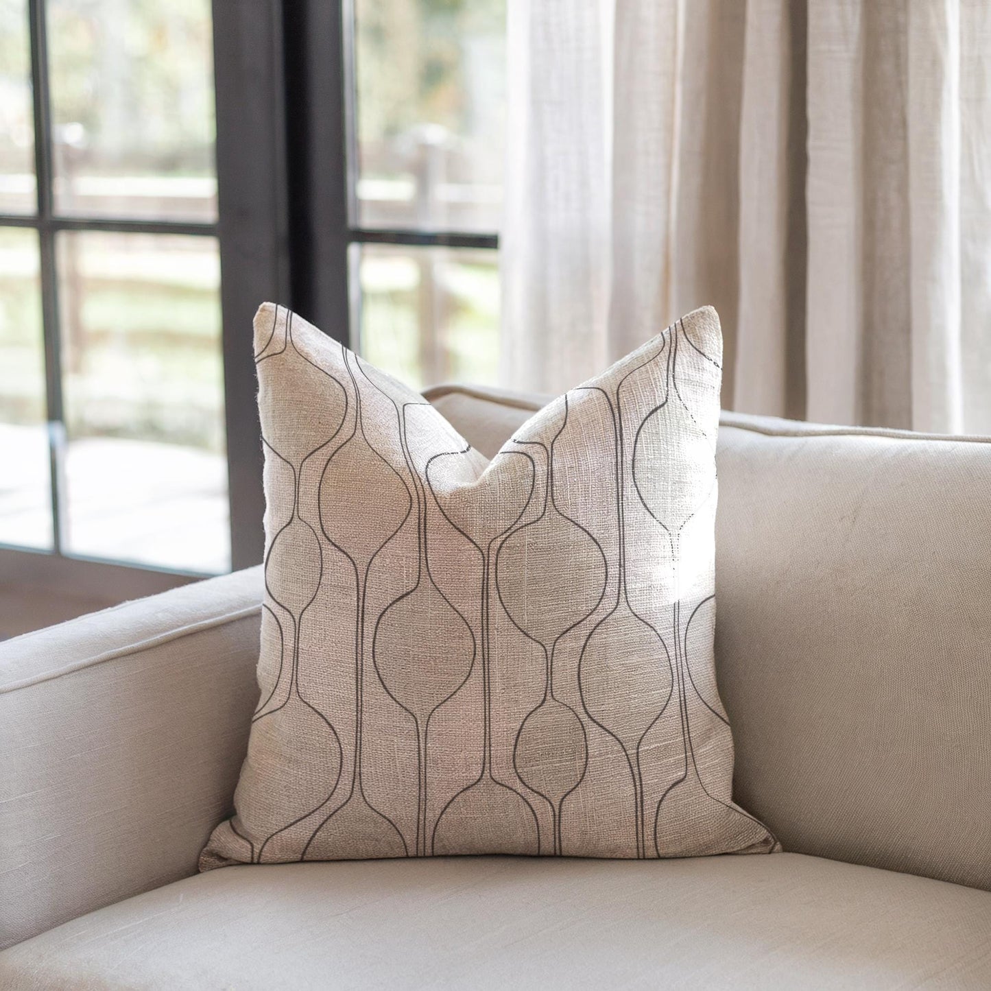 Mid Century Pillow - Woven Throw Pillow With Minimalist Baubles Design | Scandi Home Decor