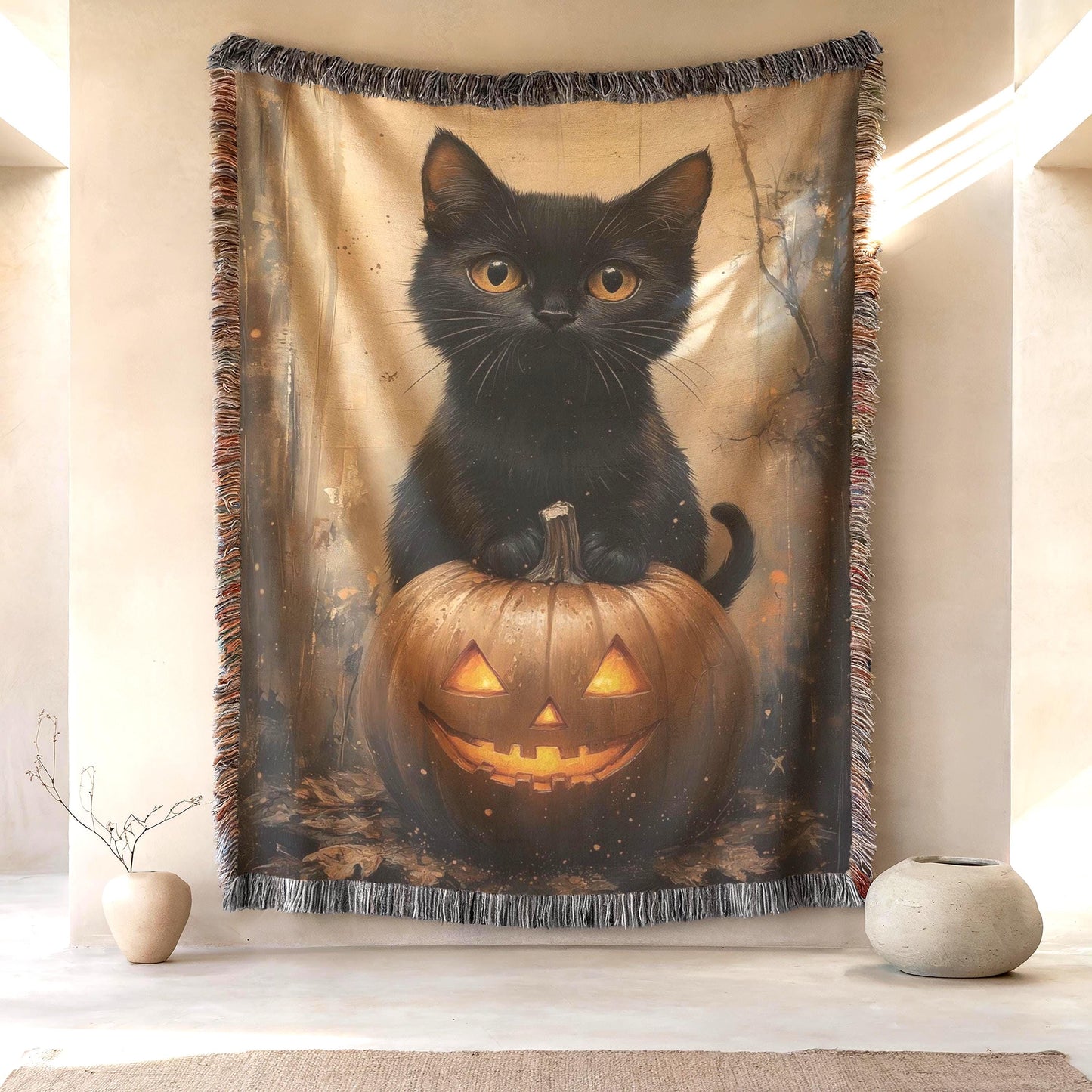 Halloween Woven Tapestry - Cozy Cotton Throw With Cat Pumpkin Design & Fringed Edges