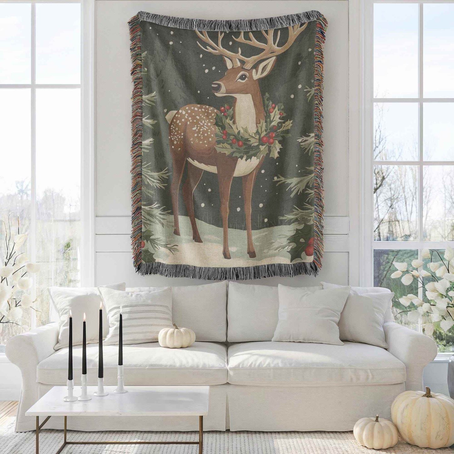 Reindeer Wall Hanging - Large Forest Animal Tapestry | Cozy Cotton Holiday Decor - timelessbohochic.com